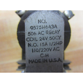 Cutler Hammer 9575H643A Eaton 506 AC Relay 24V N.O. 15A 12 HP - Used
