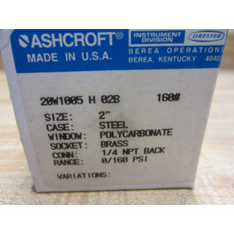 Ashcroft 20W1005 H 02B 160 Gauge 160 PSI 14" NPT Back Brass 20W1005H02B160