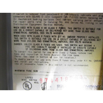 Square D QMB-361TW Switch Fusible Panel Board QMB361TW
