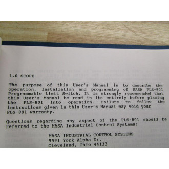 MASA PLS-801 User's Manual For Programmable Limit Switch - Used