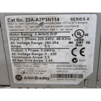 Allen Bradley 22A-A2P3N114 Drive 22AA2P3N114 Series A - Used