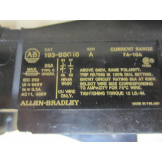 Allen Bradley 193-BSC 10 Overload Relay 193BSC10 Ser A 7A-10A - Used