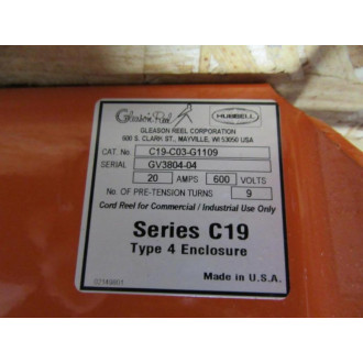Gleason Reel C19-C03-G1109 Hubbell 20A 600V