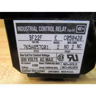 Cutler Hammer BF22F Relay 765A857G01 - New No Box