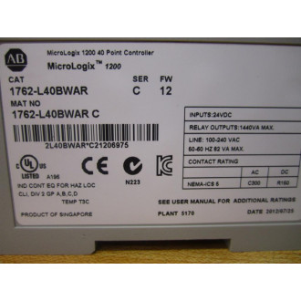 Allen Bradley 1762-L40BWAR Controller 1762L40BWAR - Used