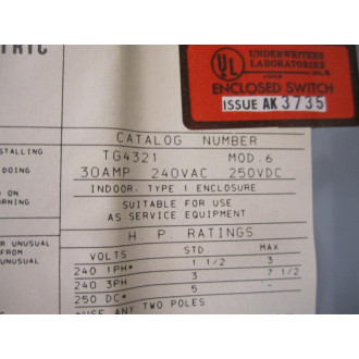 GE General Electric TG4321 Safety Switch Model 6 - New No Box