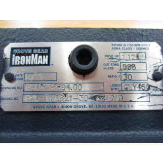 Grove Gear GRL8215594.00 Gear Reducer Ratio: 1 30 GRL-TMQ821-30-D-D71D - Used