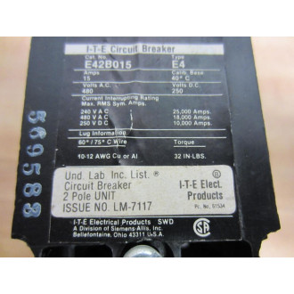 I-T-E E42B015 Circuit Breaker Type E4 - Used