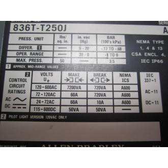 Allen Bradley 836T-T250J Pressure Switch 836TT250J Series A - New No Box