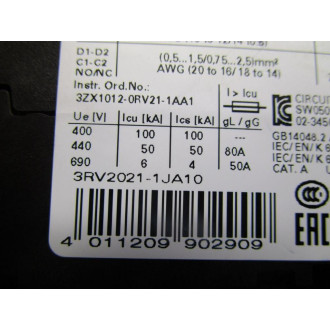 Siemens 3RV2021-1JA10 Motor Protector Breaker 3RV20211JA10 - Used