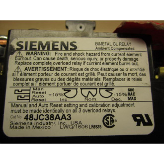 Siemens 48JC38AA3 Overload Relay - New No Box