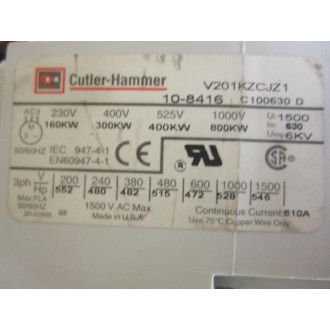 Cutler Hammer V201KZCJZ1 Eaton Contactor 10-8398 - Used