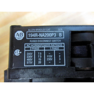 Allen Bradley 194R-NA200P3 Fused Disconnect Switch 194RNA200P3 - Used