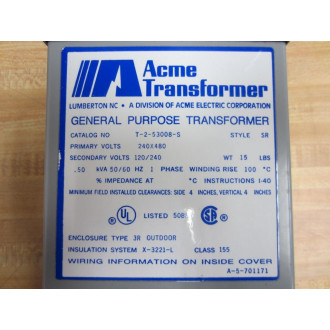 Acme T-2-53008-S Transformer 240X480 Pri 120240 Sec T253008S