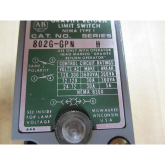 Allen Bradley 802G-GPN Limit Switch 8002GGPN Series H - Used
