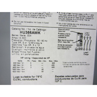 Square D HU366AWK Nonfusible Switch 2 Phase Only - New No Box