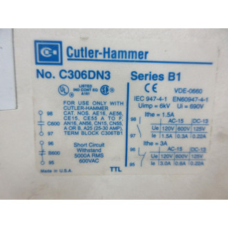Cutler Hammer C306DN3 Thermal Overload Relay wC306TB1 Series A1 - Used