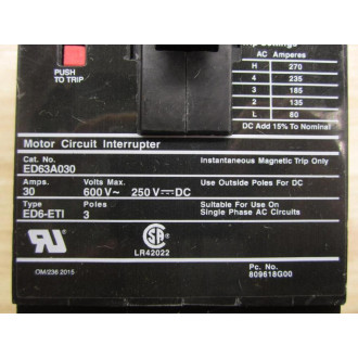 Siemens ED63A030 30A Motor Circuit Interrupter ED63A030L - Used