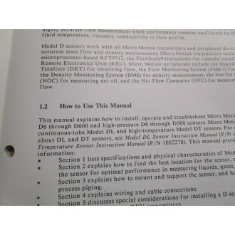 Micro Motion 1003467 Instruction Manual For Model D Sensor - Used