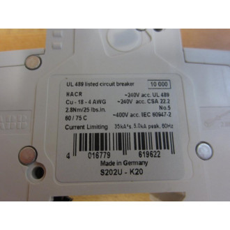 ABB S202UK20A 2P 20A Circuit Breaker S202U-K20 WO 1 DIN Rail - New No Box