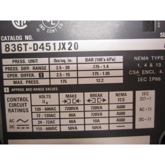 Allen Bradley 836T-D451JX20 Pressure Control 836TD451JX20 Series A - New No Box