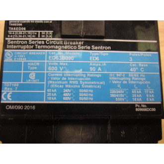 Siemens ED63B090 Circuit Breaker ED63B090L - Used