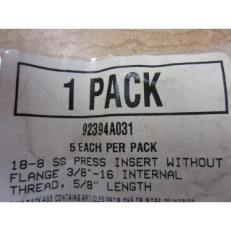 92394A031 18-8 SS Press Insert Without Flange (Pack of 10)