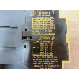 Allen Bradley 100-A30ND3 Contactor 100A30ND3 100A30N*3 Series B
