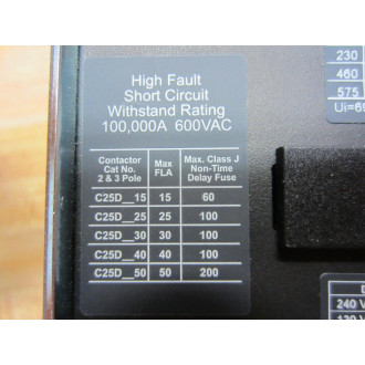 Cutler Hammer C25DNJ350B Contactor Definite Purpose 50A 3Pole Series D1