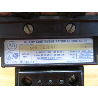Allen Bradley 500L-COD93 Contactor 500L-C0D93 Series A - New No Box