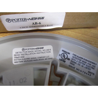 Potter Electric AB-6 6" Smoke Detector Base AB6