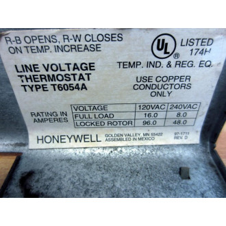 Honeywell T6054A Line Voltage Thermostat - Used