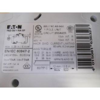 Cutler Hammer FAZ-C81-NA Eaton 8A C 1P Circuit Breaker FAZC81NASP