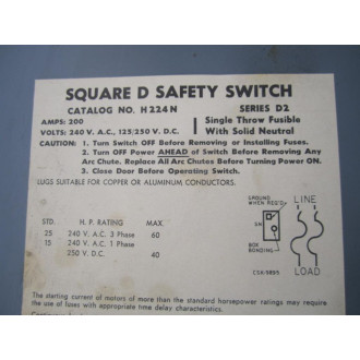 Square D H224N Safety Switch 47795 WO Neutral Connectors - New No Box