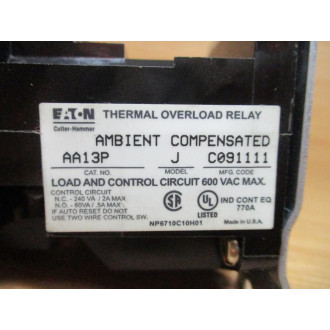 Eaton AA13P Cutler-Hammer Thermal Overload Relay - New No Box