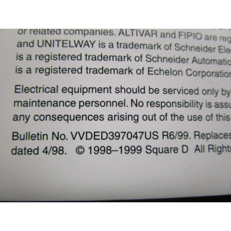 Square D VVDED397047US R699 Manual For Altivar 58 - Used
