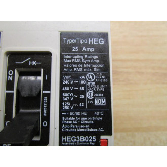 Siemens HEG3B025 Circuit Breaker HEG3B025L Missing Lugs - Used