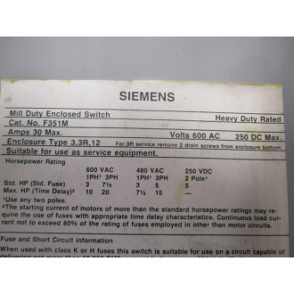Siemens F351M Enclosed Switch - New No Box