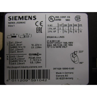 Siemens 3RT1026-1BB40-0UA0 Contactor Broken Mount - Used