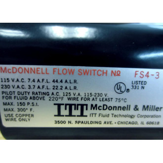 ITT McDonnell & Miller FS4-3 Flow Switch 114400 - New No Box