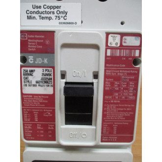 Cutler-Hammer JD3250K Westinghouse 250A Circuit Breaker - Used
