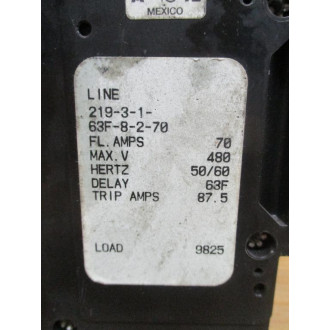 Airpax 219-3-1-63F-8-2-70 Circuit Breaker 70AMP - Used
