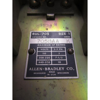 Allen Bradley 705BAA Starter Assembly 71A06 Coils - Used