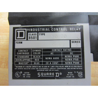 Square D 8501-X0-80 Relay 8501-XO-80 - New No Box