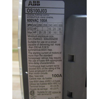 ABB OS100J03 General Purpose Disconnect Switch - New No Box