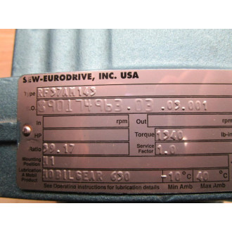 SEW Eurodrive RF37AM143 Gear Reducer Ratio:39.17 - New No Box
