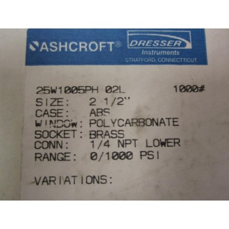 Ashcroft 25W1005PH Vacuum Gauge 02L 0-1000 PSI