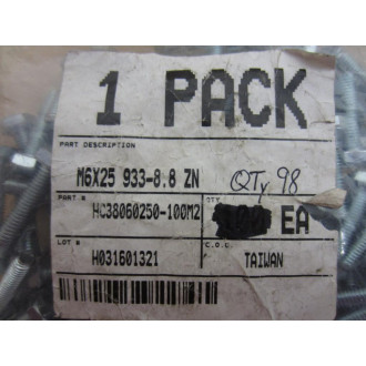 HC38060250-100M2 Hex Head Cap Screw M6X25 933-8.8 ZN (Pack of 98)
