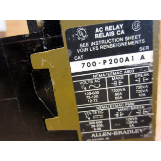 Allen Bradley 700-P200A1 Control Relay 700P200A1 Series A - Used