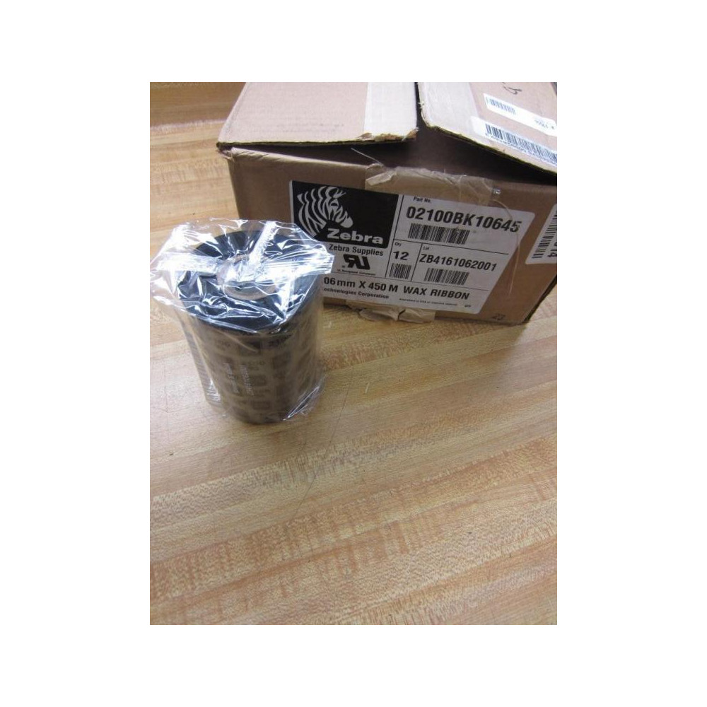 Zebra Technologies 02100BK10645 Black Wax Ribbon 106mm x 450m (Pack of 12)